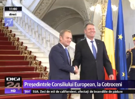 Președintele CE Donald Tusk, primit de Klaus Iohannis la Palatul Cotroceni