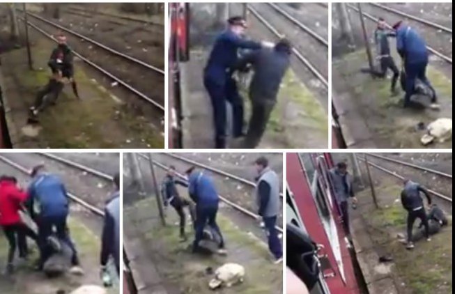 VIDEO Bărbat dat jos din tren și bătut de controlor și de doi călători cu pumnii și picioarele. Printre agresori se numără și o femeie